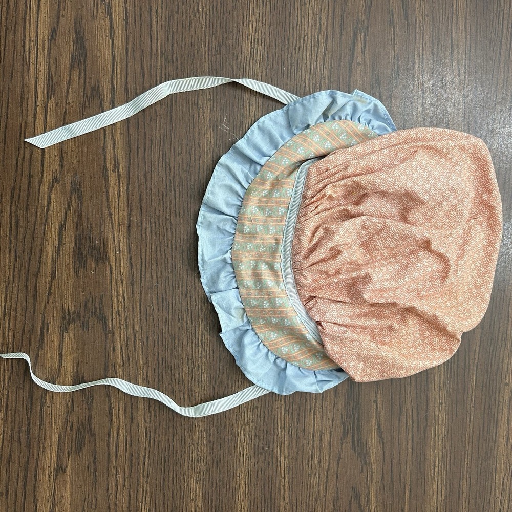 Vintage 70s Toddler Prairie Bonnet Child Peach Calico Ruffle Brim Cottagecore